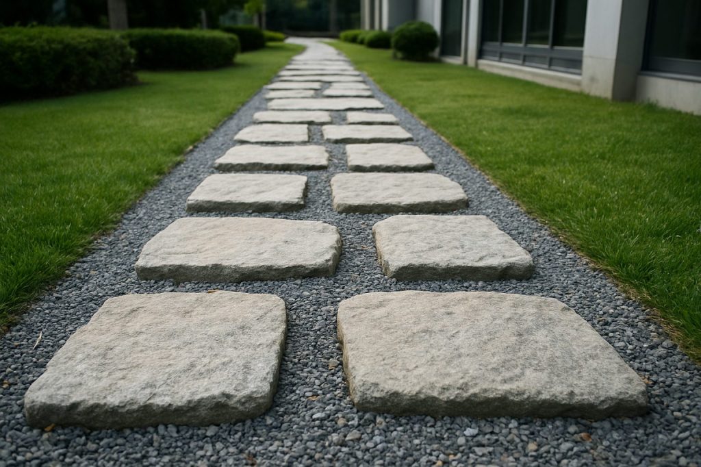 A pathway made of stone slabs surrounded by grass, leading through a landscaped area.