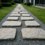 A pathway made of stone slabs surrounded by grass, leading through a landscaped area.