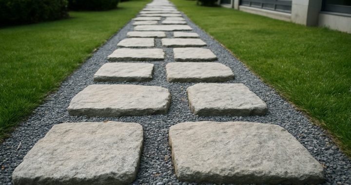 A pathway made of stone slabs surrounded by grass, leading through a landscaped area.