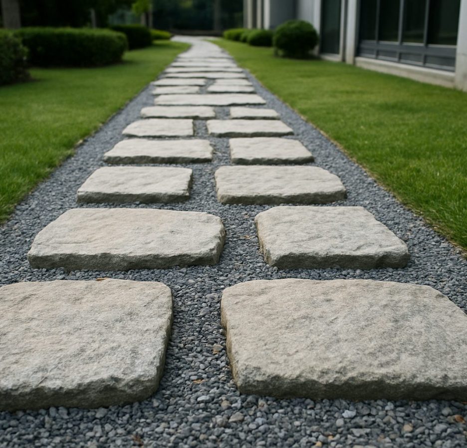 A pathway made of stone slabs surrounded by grass, leading through a landscaped area.
