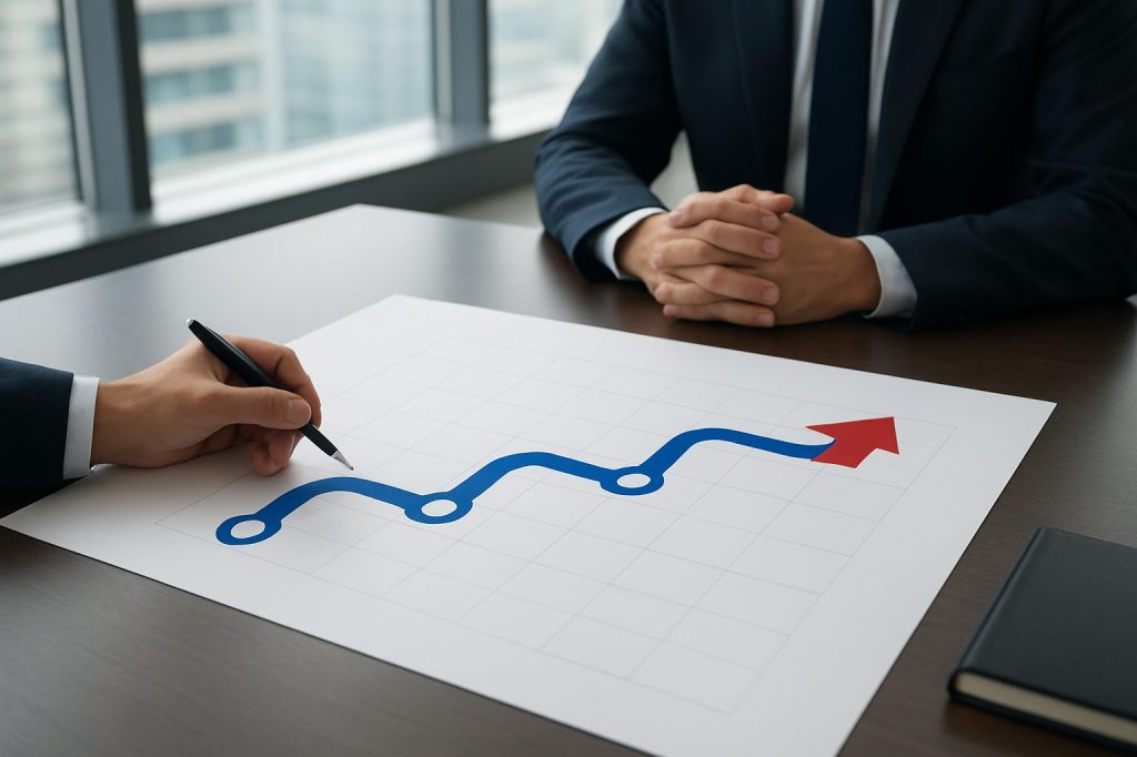 A business meeting with a hand drawing a growth chart on paper, symbolizing strategy discussions.