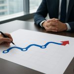 A business meeting with a hand drawing a growth chart on paper, symbolizing strategy discussions.