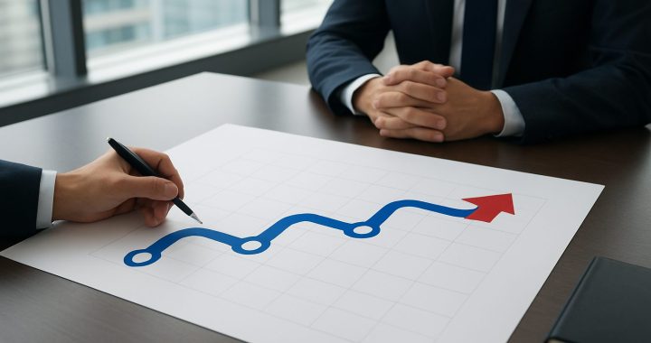 A business meeting with a hand drawing a growth chart on paper, symbolizing strategy discussions.