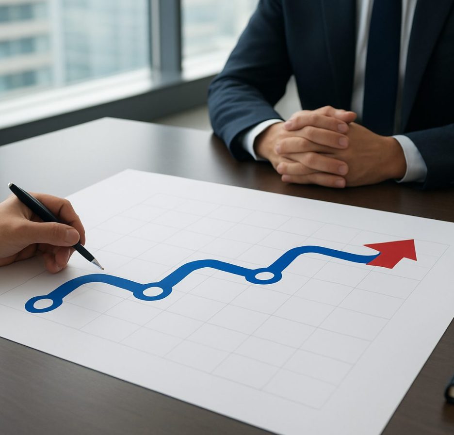 A business meeting with a hand drawing a growth chart on paper, symbolizing strategy discussions.