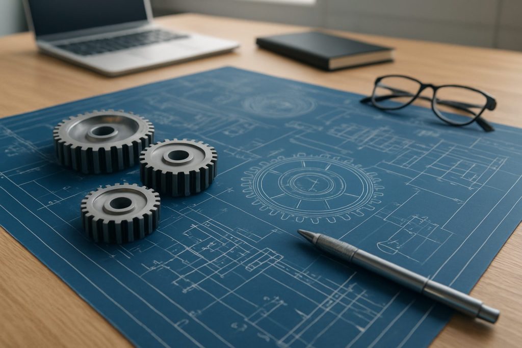 Blueprint with gears and a pen laid out on a wooden desk