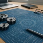 Blueprint with gears and a pen laid out on a wooden desk