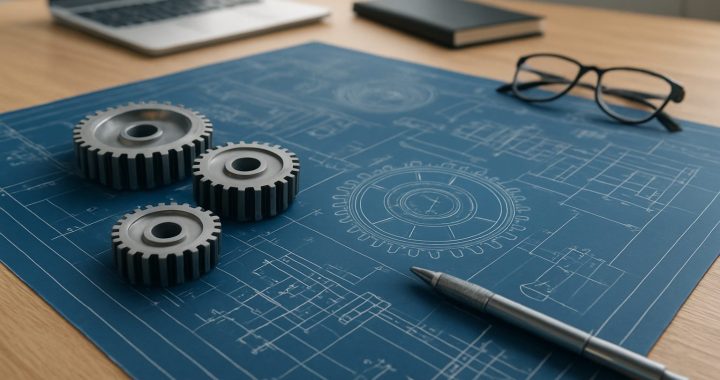 Blueprint with gears and a pen laid out on a wooden desk