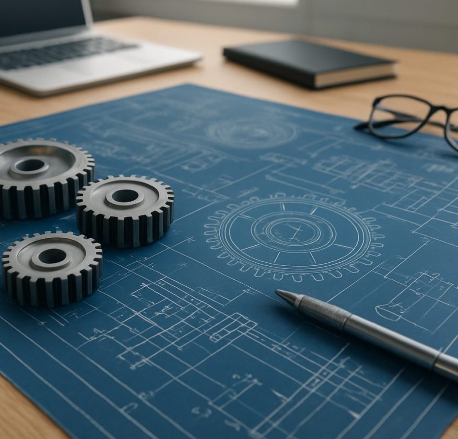 Blueprint with gears and a pen laid out on a wooden desk