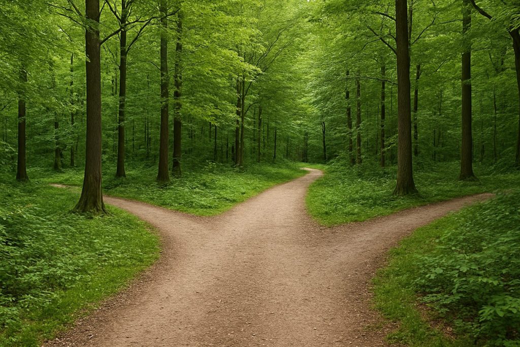 A fork in a forest path surrounded by lush greenery