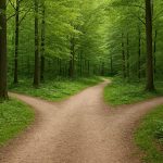 A fork in a forest path surrounded by lush greenery