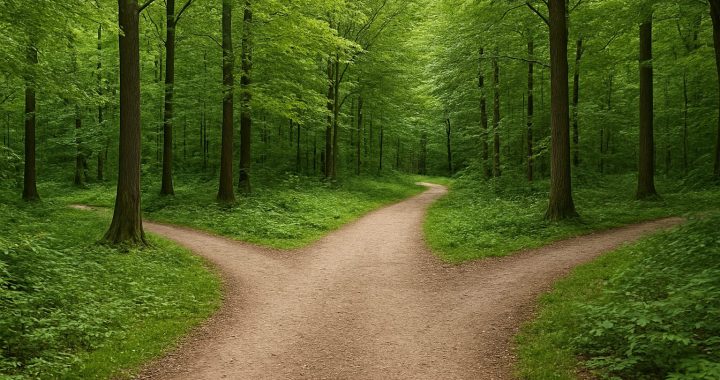 A fork in a forest path surrounded by lush greenery