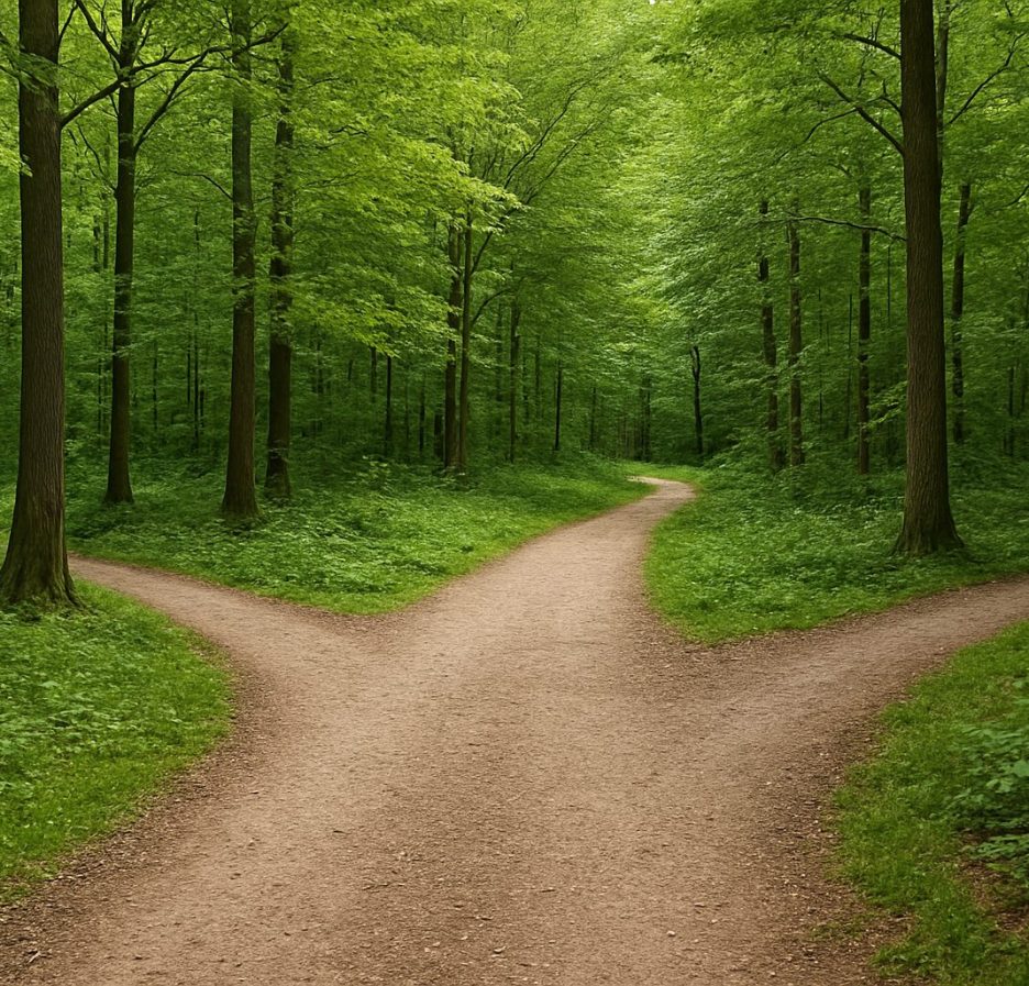 A fork in a forest path surrounded by lush greenery