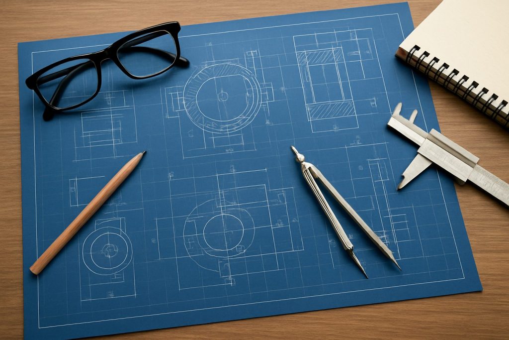 Blueprints and drafting tools on a wooden table