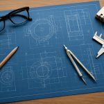 Blueprints and drafting tools on a wooden table