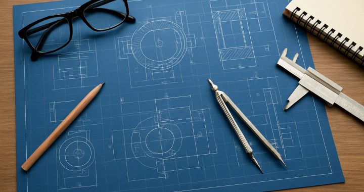 Blueprints and drafting tools on a wooden table