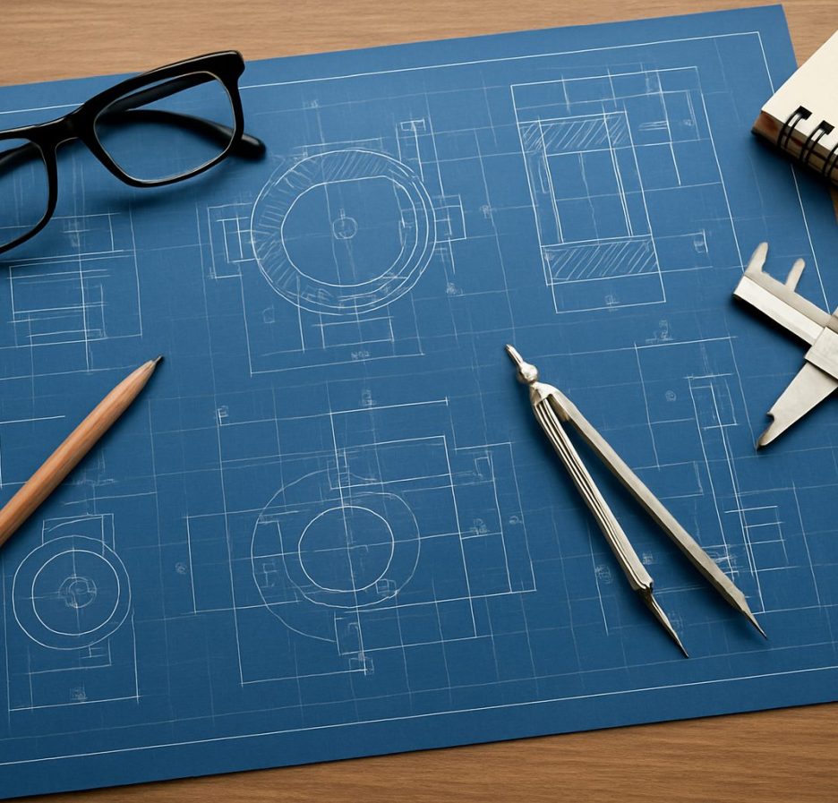 Blueprints and drafting tools on a wooden table
