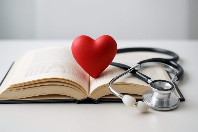 A red heart model placed on an open book beside a stethoscope, symbolizing health and wellness concepts.