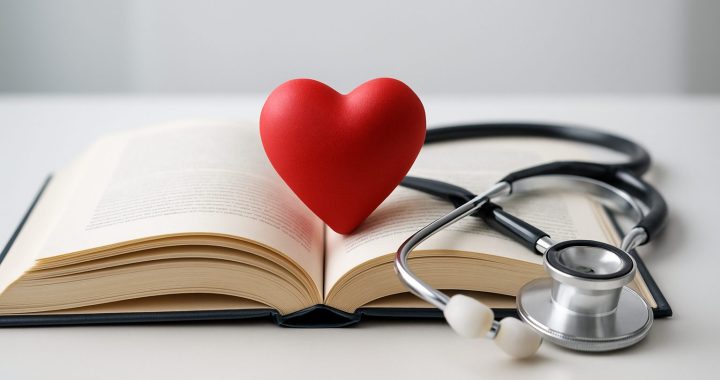 A red heart model placed on an open book beside a stethoscope, symbolizing health and wellness concepts.