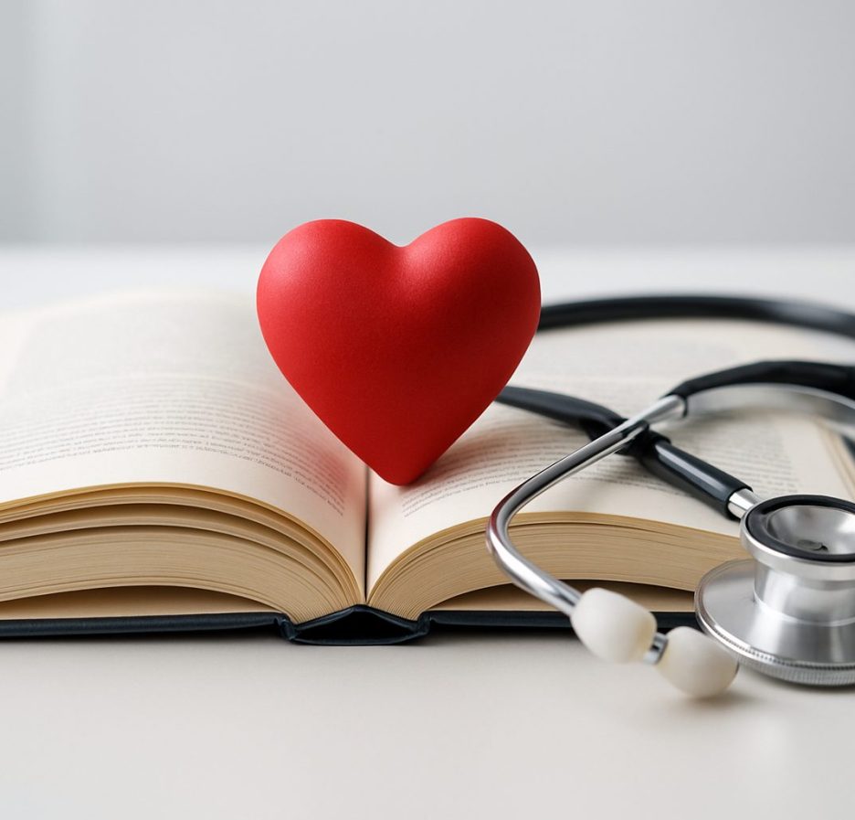 A red heart model placed on an open book beside a stethoscope, symbolizing health and wellness concepts.